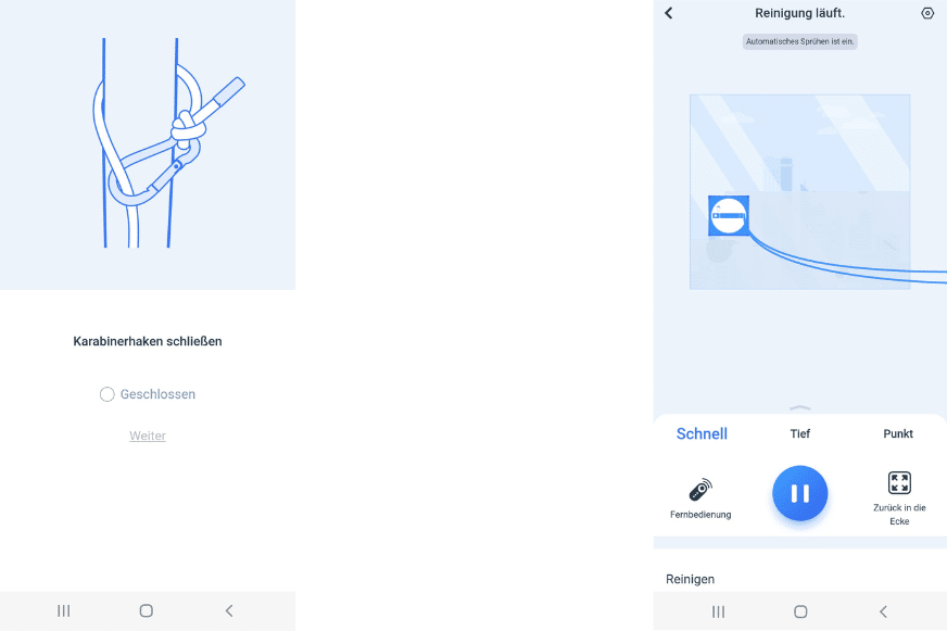 Es wird gezeigt, wie der Karabinerhaken des Ecovacs Winbot W1 PRO geschlossen werden soll